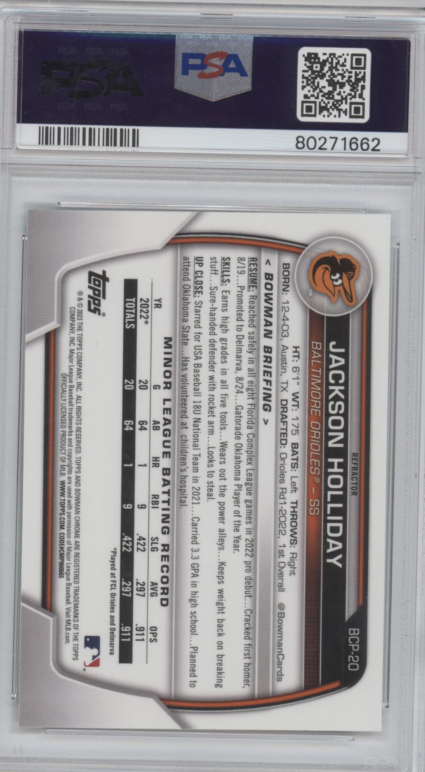 2023 BOWMAN CHROME PROSPECT JACKSON HOLLIDAY LUNAR GLOW REFRACTOR PSA 10 #BCP20