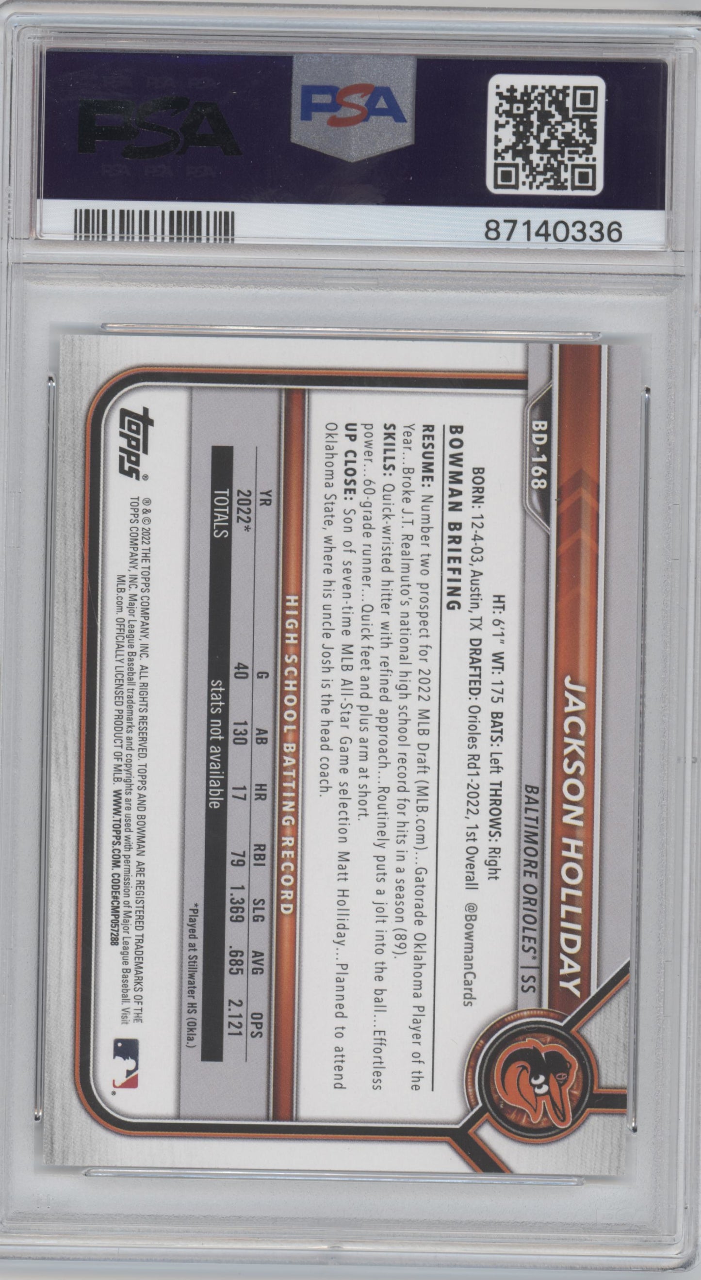 2022 Bowman Chrome 1st Draft JACKSON HOLLIDAY #BDC-168 PSA 10