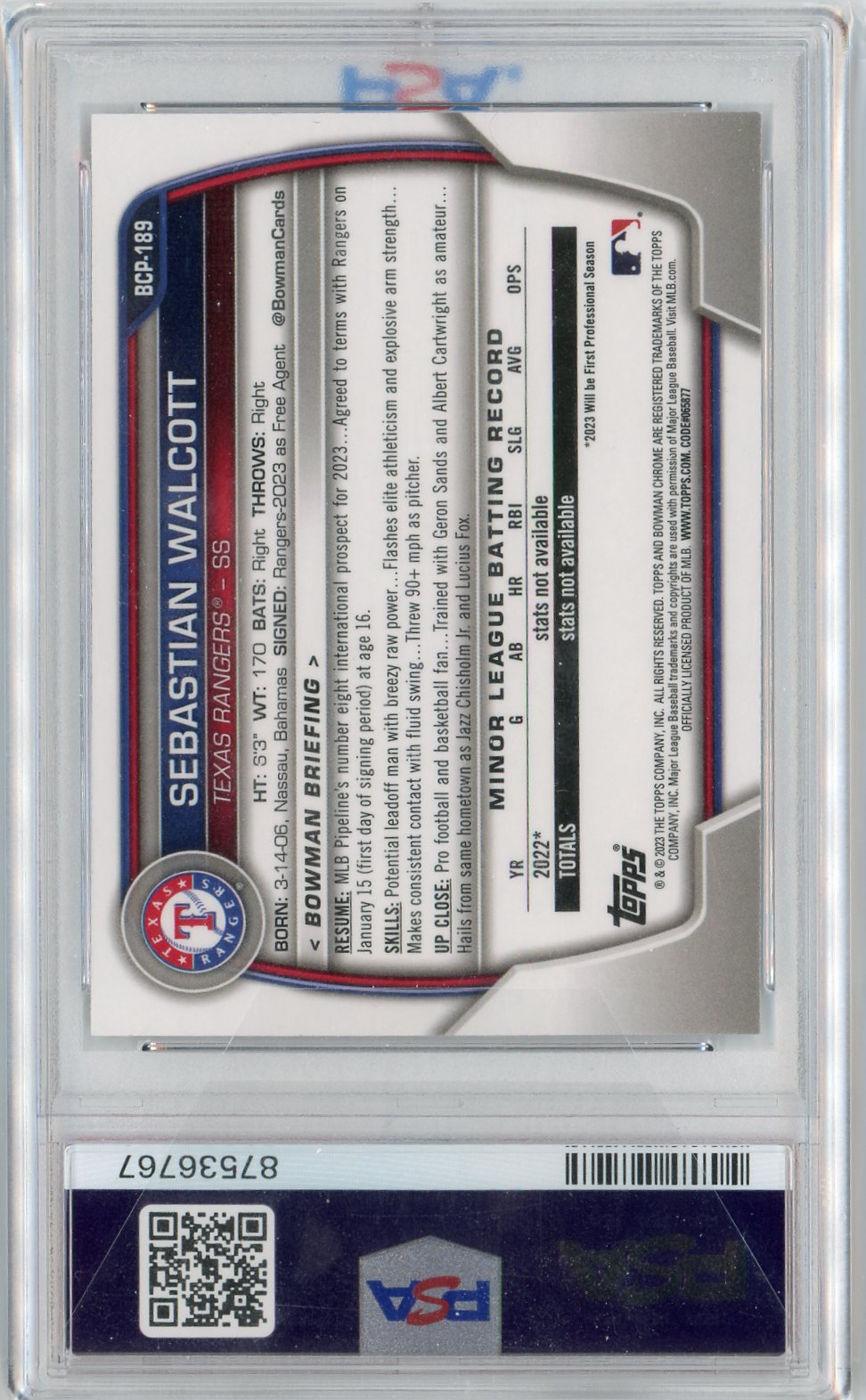 2023 bowman chrome Sebastian Walcott PSA 10