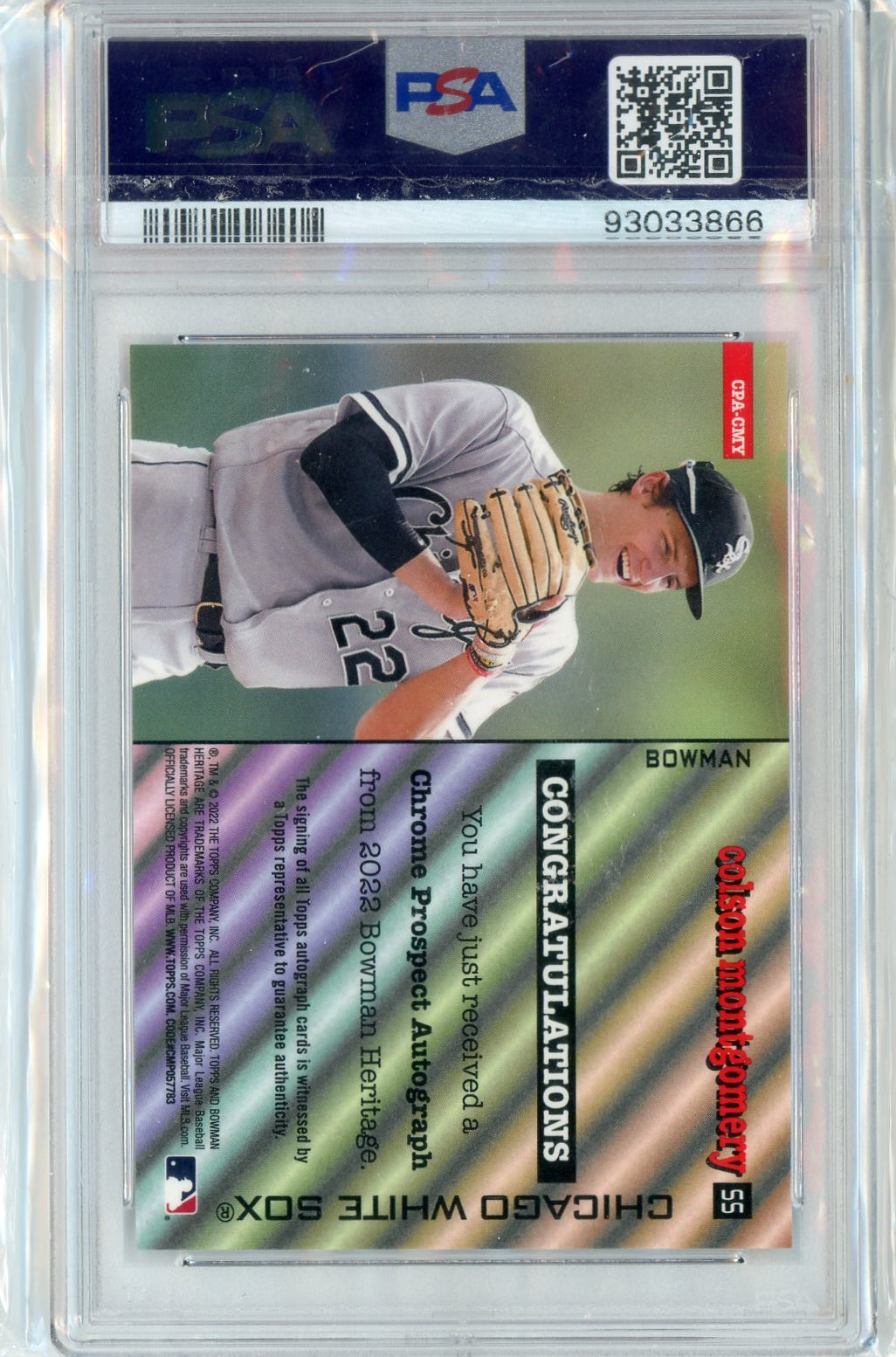 Colson Montgomery 2022 Bowman Heritage Autograph Auto PSA 10