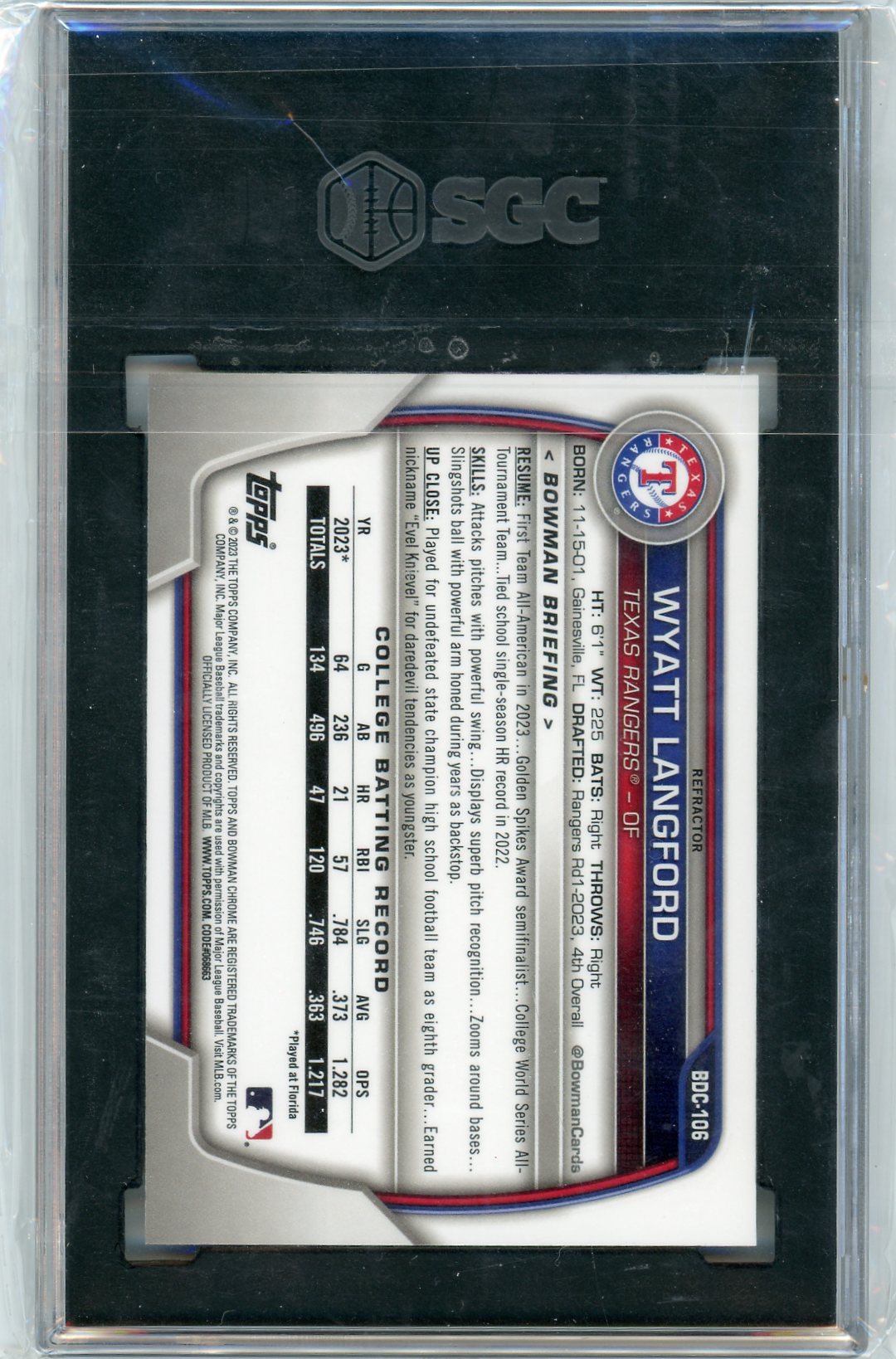 Wyatt Langford 2023 Bowman Draft Chrome 1st Refractor SGC 10