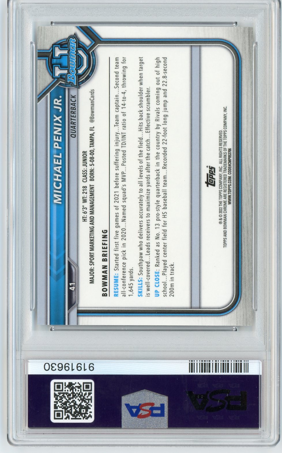 MICHAEL PENIX JR 2021 BOWMAN CHROME U SHIMMER REFRACTOR PSA 9