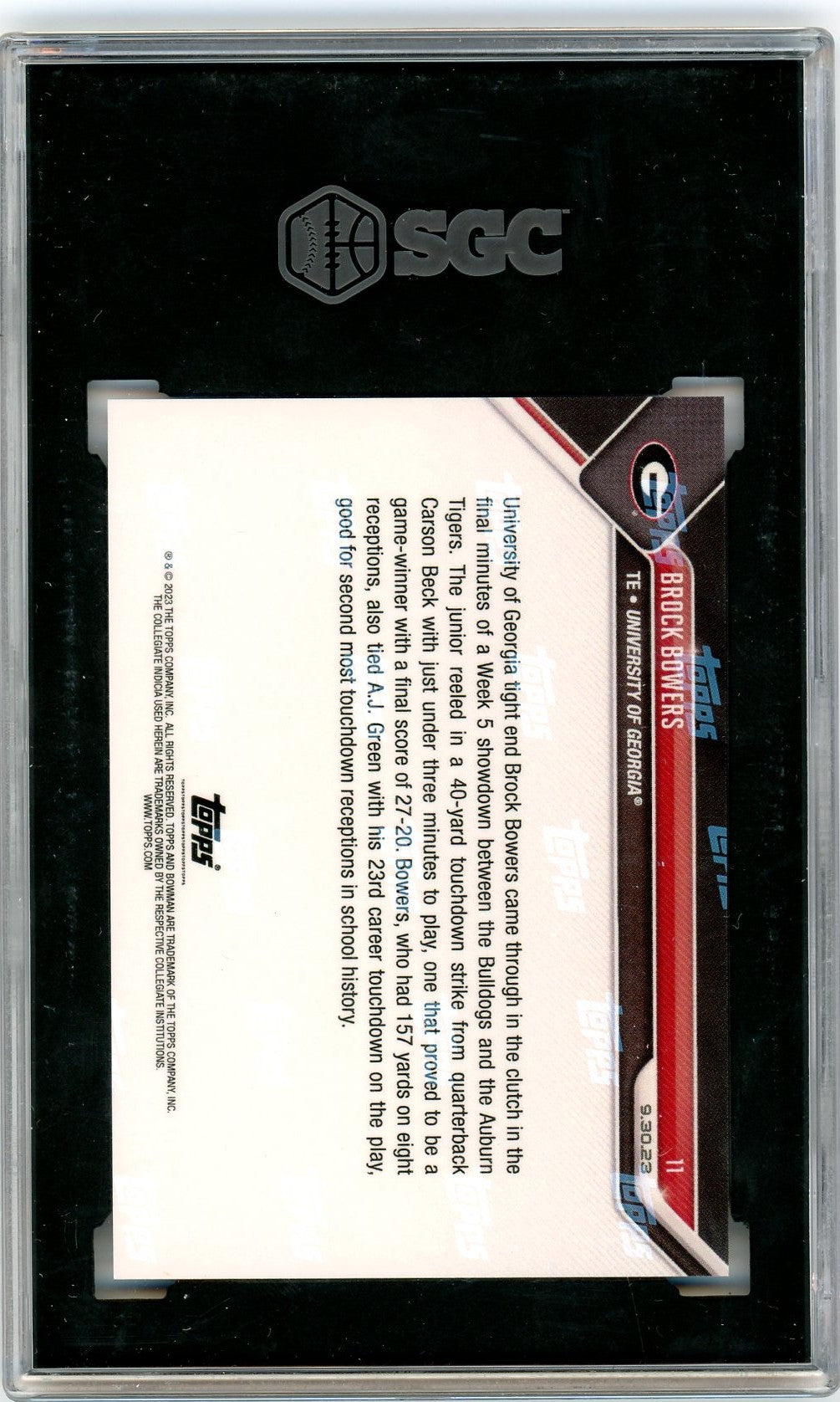 2023 Topps Now Bowman U #11 Georgia Bulldogs BROCK BOWERS Card BLUE # /49 SGC 10