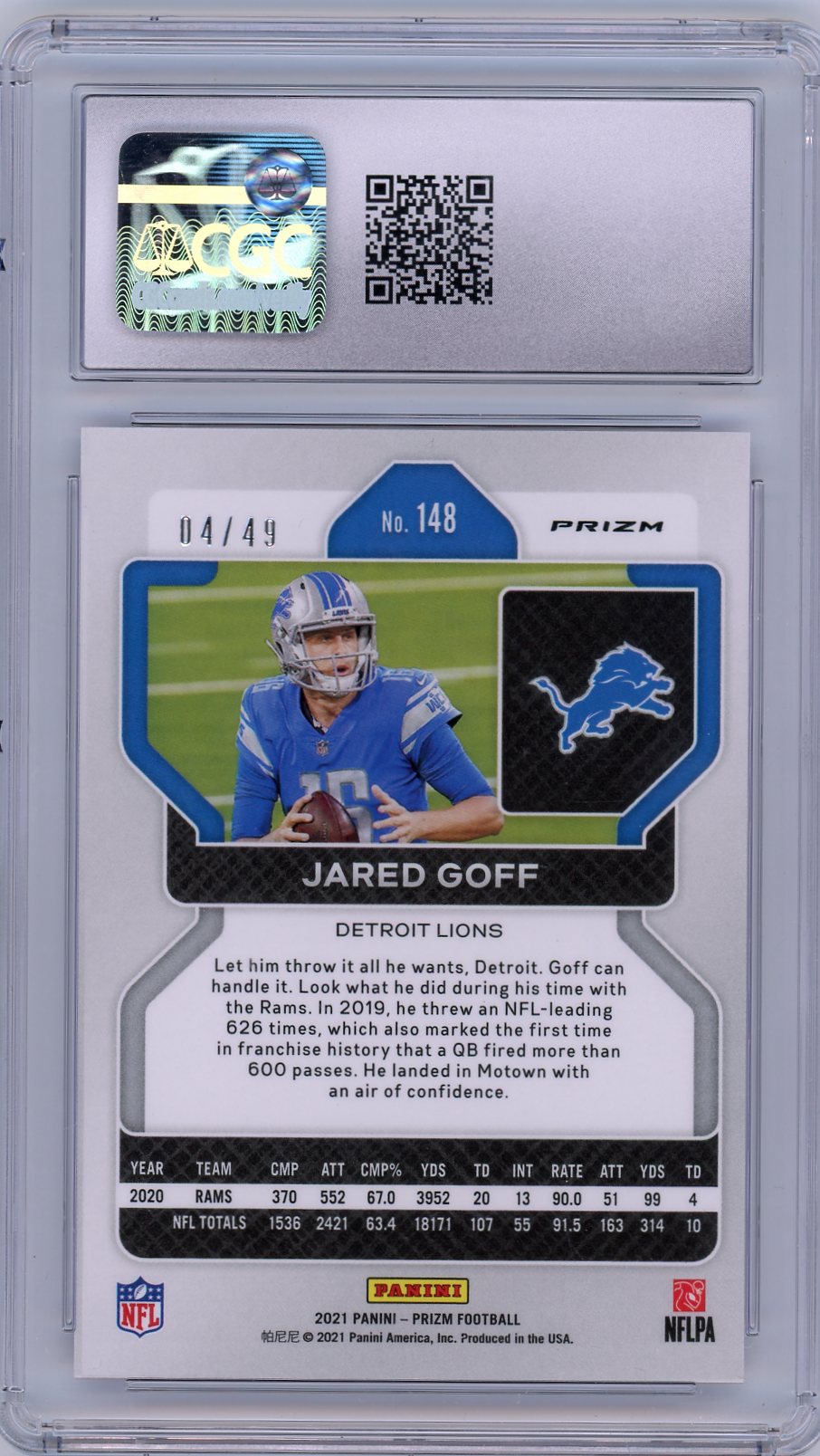 2021 Prizm Purple Power Jared Goff #148 CGC 10