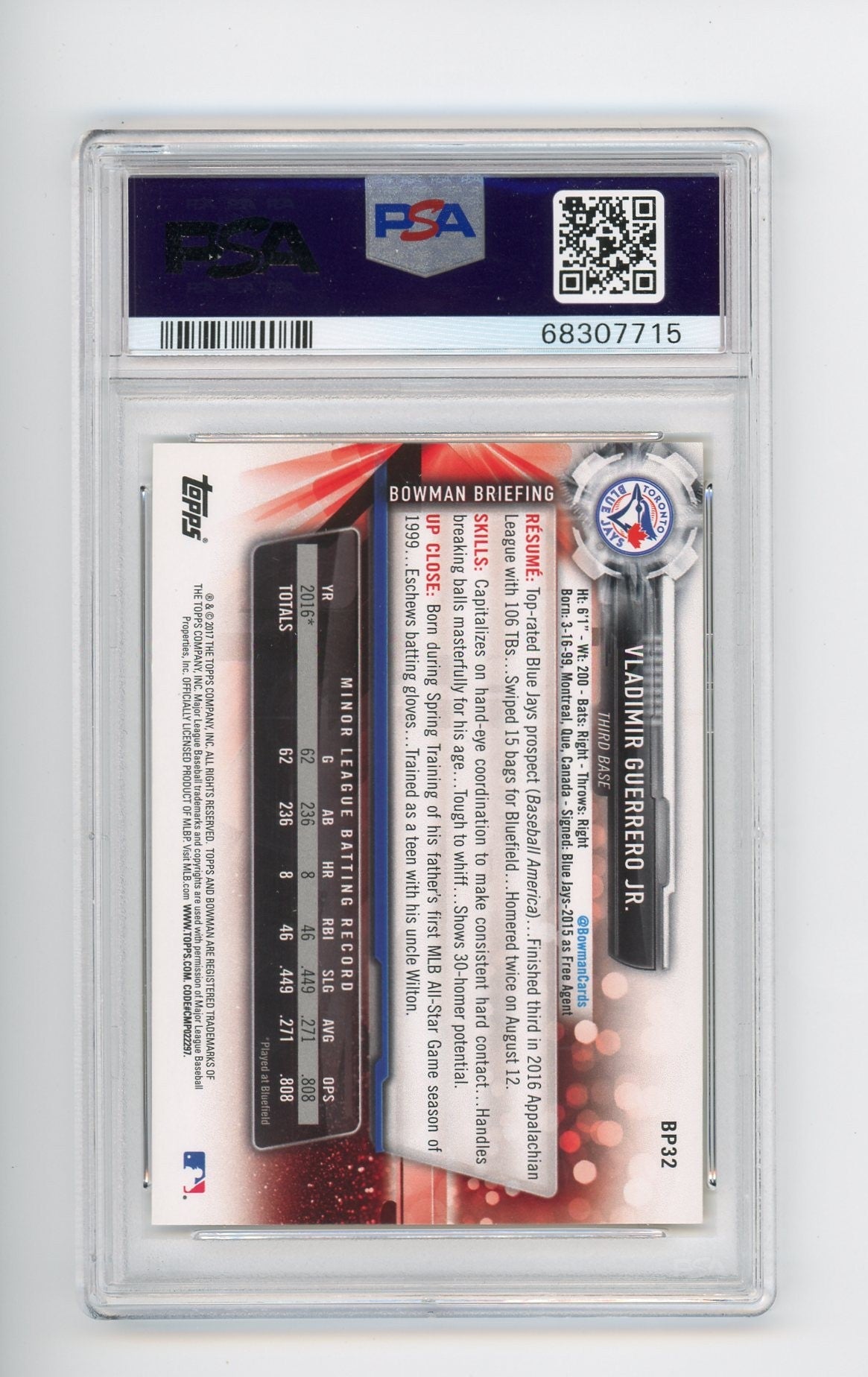 VLADIMIR GUERRERO JR 2017 Bowman Prospects Yellow PSA 9